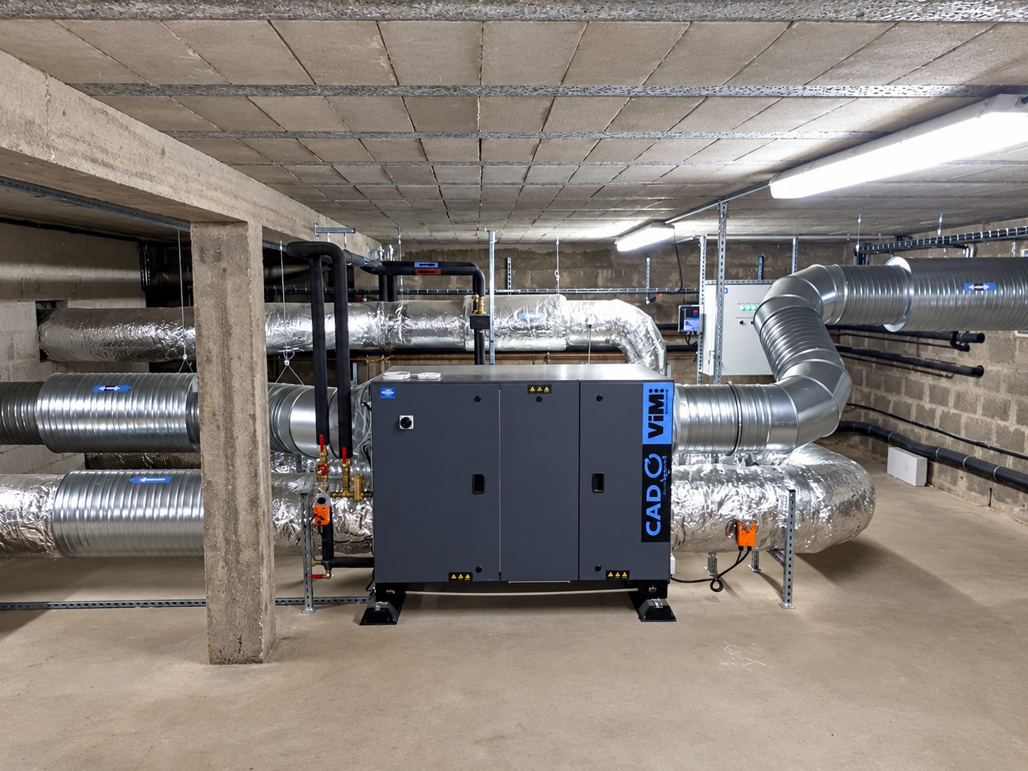 Une centrale de traitement d'air grise de marque VIM est raccordée à des gaines métalliques calorifugées et à des tuyaux noirs dans un sous-sol en béton.