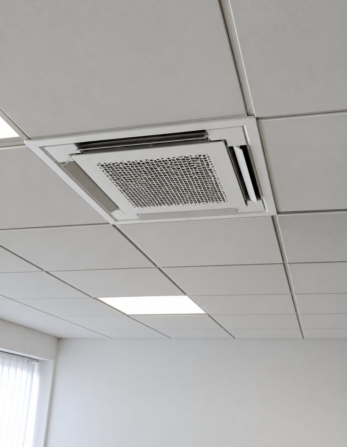 Un climatiseur de type cassette est installé dans un faux plafond en dalles blanches, à côté d'un panneau lumineux, dans un bureau.