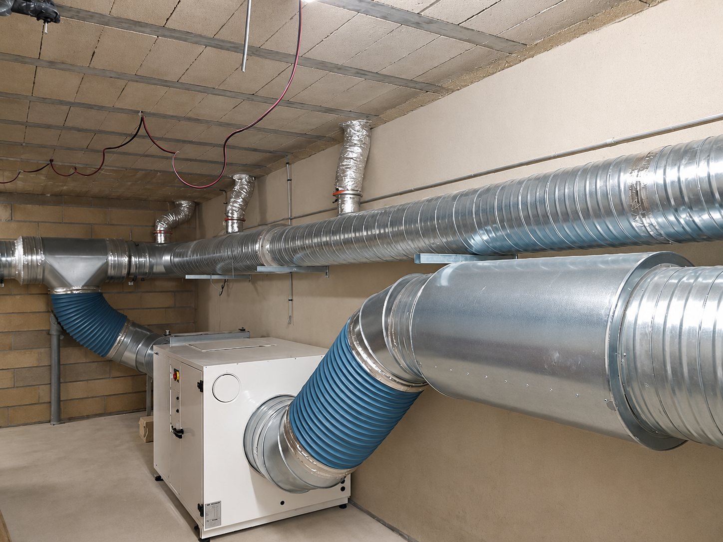 Dans un local technique au plafond bas, de grandes gaines de ventilation en acier galvanisé sont reliées par des manchons bleus flexibles à un caisson de ventilation blanc.