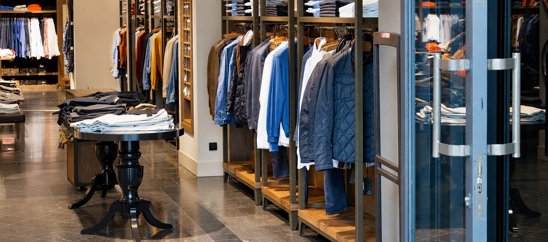 Intérieur d'une boutique de prêt-à-porter masculin avec des vestes et chemises sur des portants en bois et des vêtements pliés sur une table ronde noire.