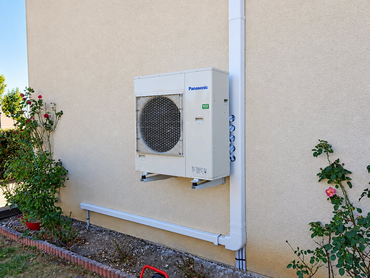 Une unité extérieure de pompe à chaleur Panasonic est fixée sur un mur crépi beige, avec des goulottes blanches et des rosiers au premier plan.