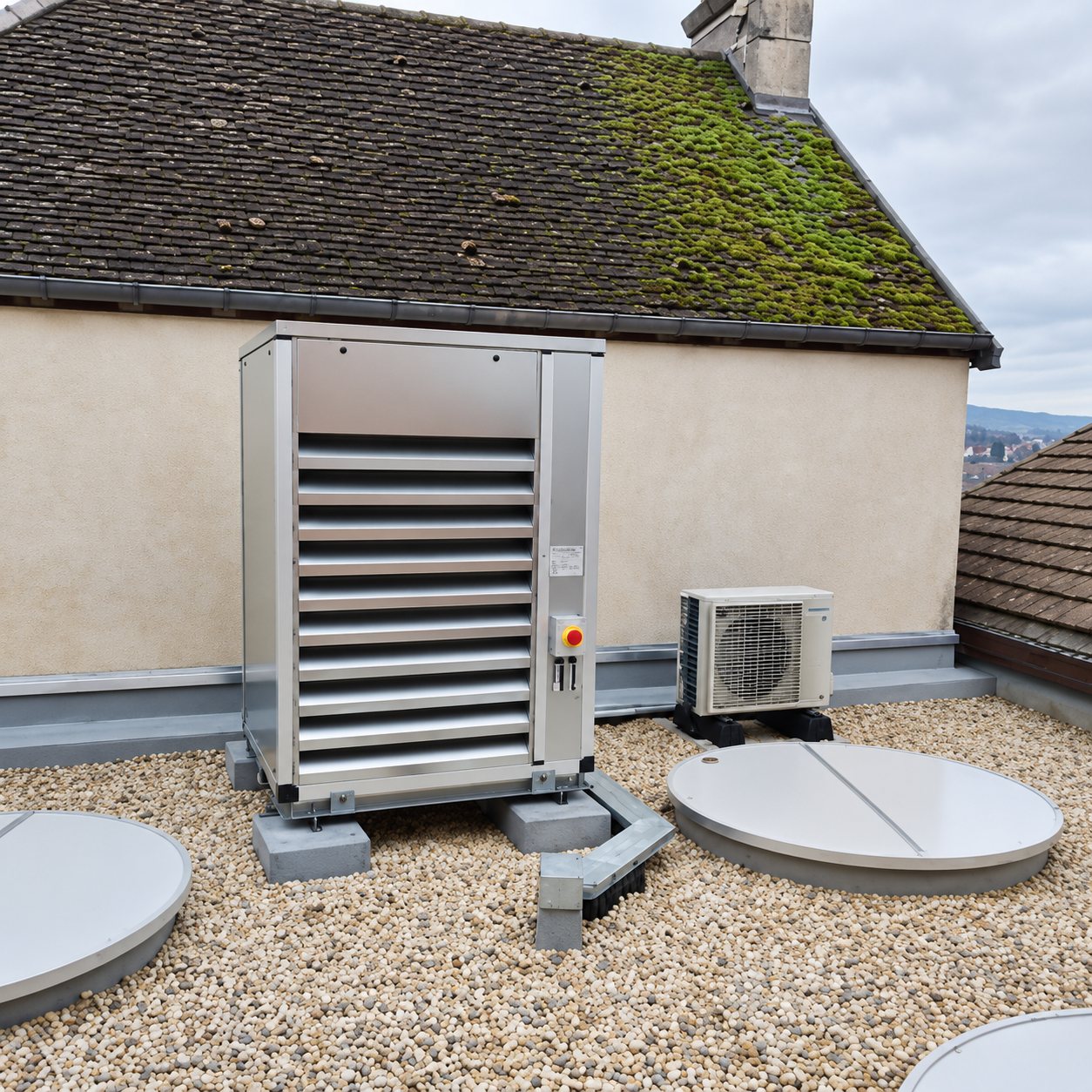 Une grande pompe à chaleur et une petite unité de climatisation posées sur un toit-terrasse couvert de gravillons, devant un toit de tuiles moussues.