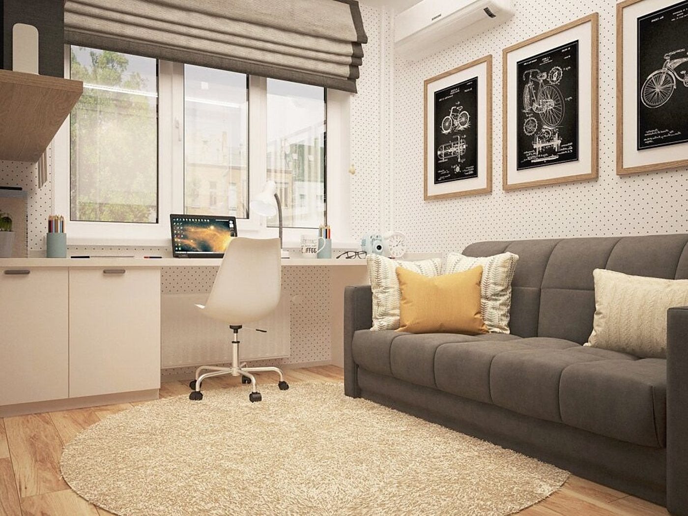 Pièce lumineuse aménagée avec un canapé gris, un bureau blanc sous la fenêtre, un tapis rond et des affiches de vélos au mur.
